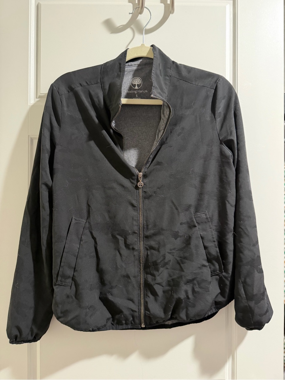 healing hands Black Camouflage-Textured Bomber Jacket
